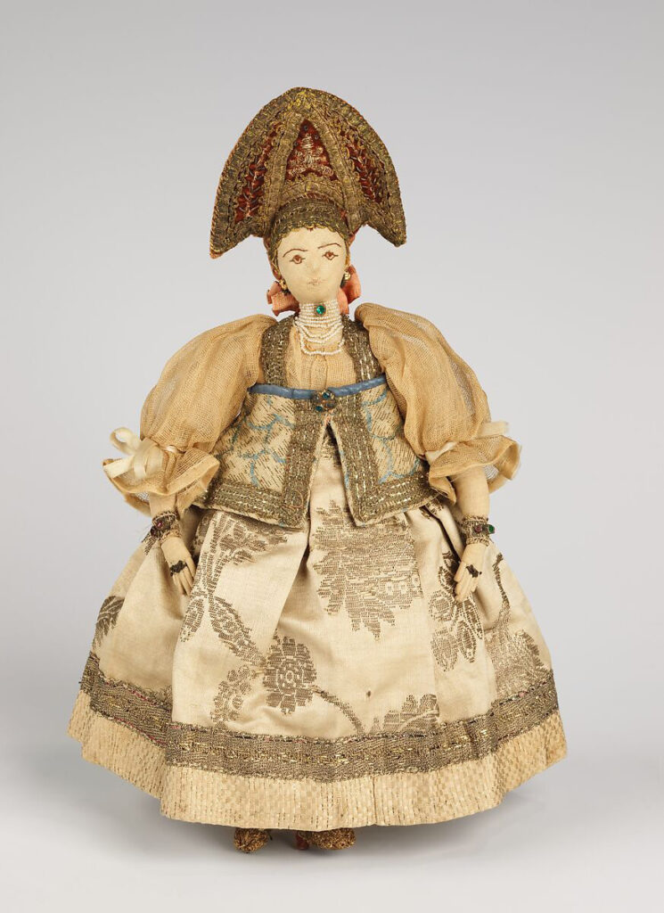Doll, Russian (front). Russian, late 18th century. Silk, metal, glass, pearls, linen, cotton, wood.