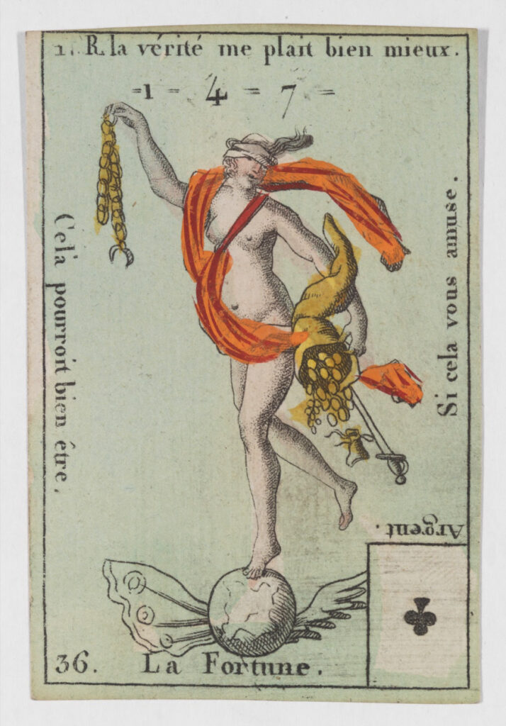 La Fortune, from the playing cards (for quartets) "Costumes des Peuples Étrangers". Anonymous, French, 18th century. Etching and hand coloring (watercolor), 3 3/16 × 2 1/16 in.