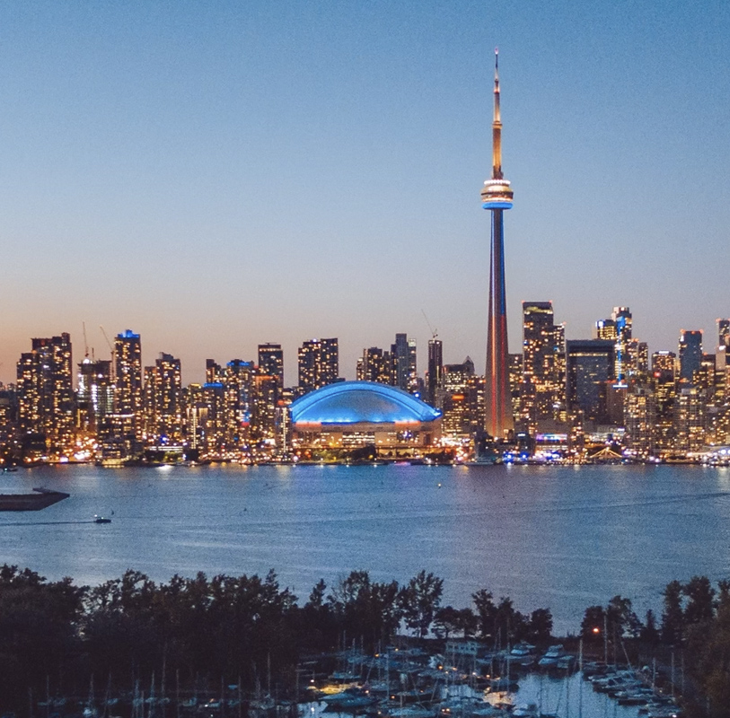 A view of the Toronto city skyline from the perspective of the Toronto Islands (drone image). 