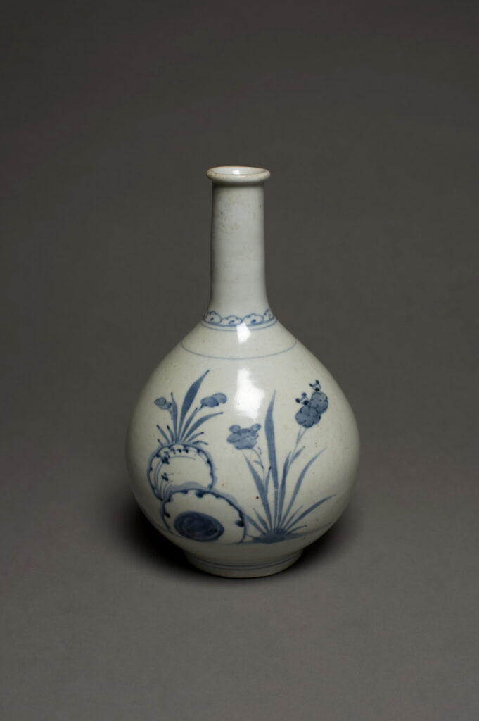 Bottle with Design of Iris. Japanese, c. 1700, porcelain with underglaze blue. height: 11 1/4 in.