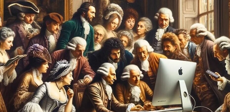 Image of 18th-century figures in front of computer; generated by ASECS member Emily Pearson.