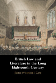 Book cover with 18th century painting of a Courtroom and title "British Law and Literature in the Long Eighteenth Century"